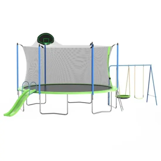 NAYSAYE Trampoline 14FT with Slide and Swings for Outdoor Backyard Use with Basketball Hoop and Ladder, Green, 278.00"*168.00"*121.20" image {5}