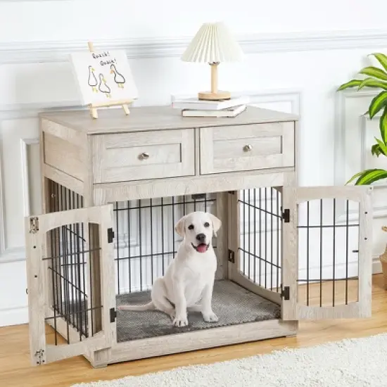 Dog crate furniture with cushions, indoor wooden dog kennel with 2 drawers, dog crate side table with storage for living room, foyer image {8}