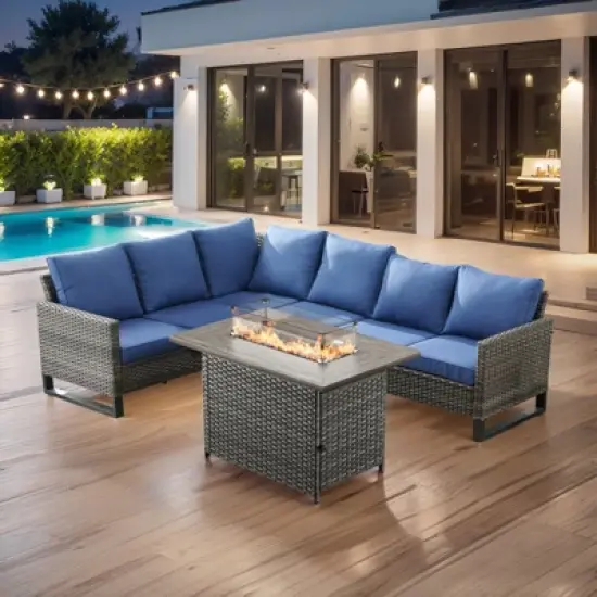 Buenhomino 4 Pieces Outdoor Patio Furniture Set with 41&rdquo; Fire Pit Table, Rattan Patio Sectional Sofa Conversation Set with 50000BTU Propane Fire Pit image {15}