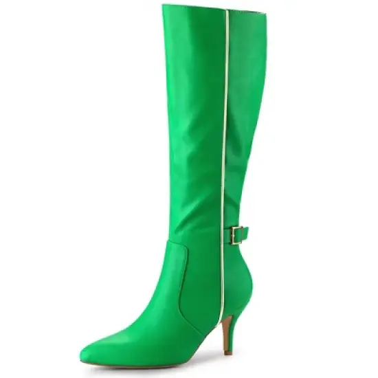 Allegra K Women's Pointy Toe Buckle Decor Side Zip Stiletto Heel Knee High Boots image {9}