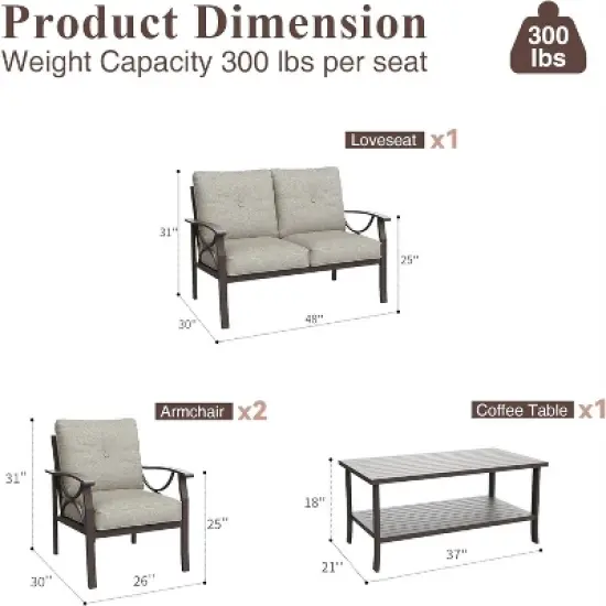 Heynemo Outdoor Patio Furniture Set, 4 Piece Patio Conversation Set with Coffee Table, Metal Furniture Set for Porch Backyard Garden, Coffee image {3}