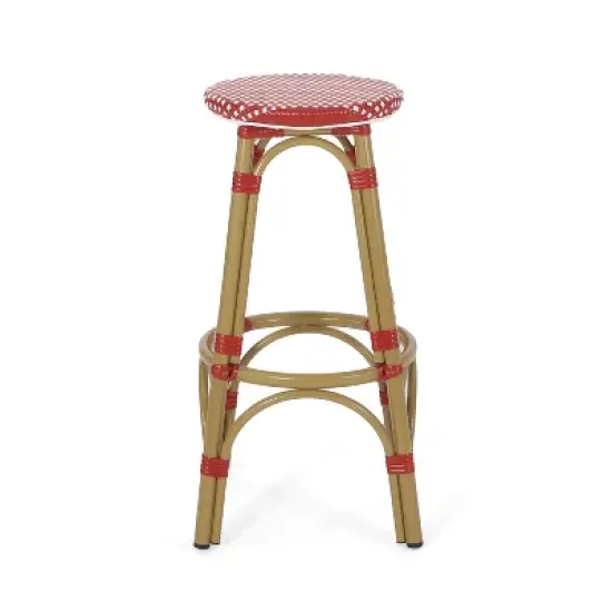 Outdoor PE Ratten and Aluminum 29.5" French Backless Barstools, Set of 2, Red, Bamboo Print Finish image {1}