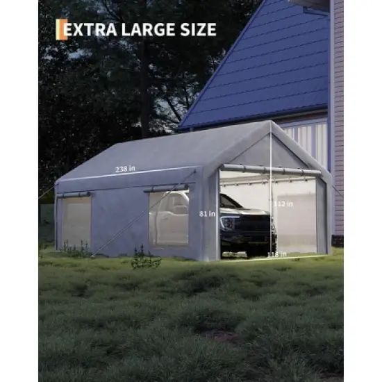 10x20 Ft Carport, Car Port with 200g PE Tarp, Roll-Up Doors, and 4 Windows image {6}