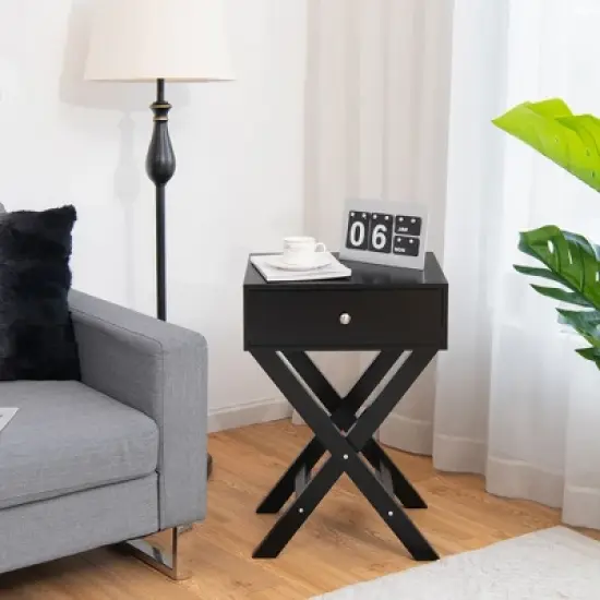 Costway Side Nightstand with Drawer x Shaped Structure Accent Sofa End Table White\Black image {2}