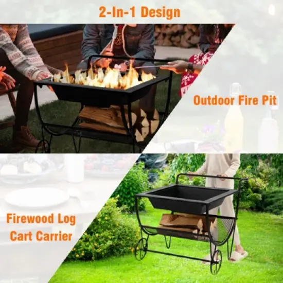 Tangkula 21.5" Fire Pit & Firewood Log Rack Outdoor Square Firepit & Firewood Holder with Spark Screen Rolling Wheels image {7}