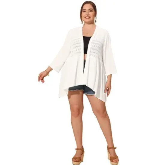 Agnes Orinda Women's Plus Size 3/4 Sleeve Lace Panel High-Low Hem Trendy Beach Cardigans image {2}