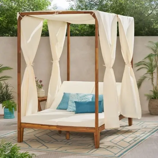 Christopher Knight Home Leaverton Outdoor Acacia Wood 2 Seater Adjustable Daybed with Curtains image {9}