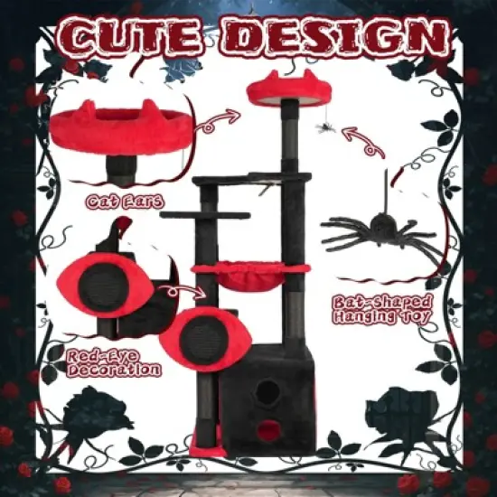 Angel Sar 53" Gothic Cat Tree with Condo, Hammock & Perch, Large Cat Tower with Scratching Posts and Spider Toy for Indoor Cats, Red & Black image {5}