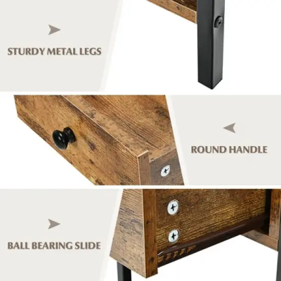 Costway Industrial End Side Table Nightstand with Drawer Shelf Rustic Brown image {8}