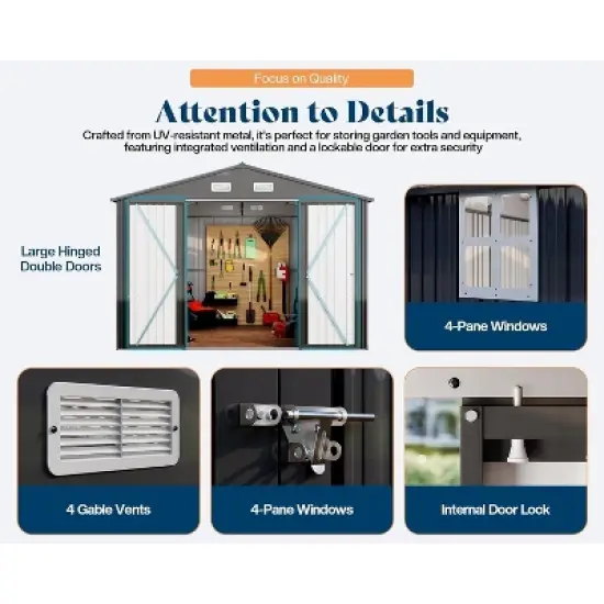 AMERLIFE 10.1x11.5x7.4 FT Galvanized Steel Storage Shed with 2 4-Pane Windows Hinged Double Doors image {4}