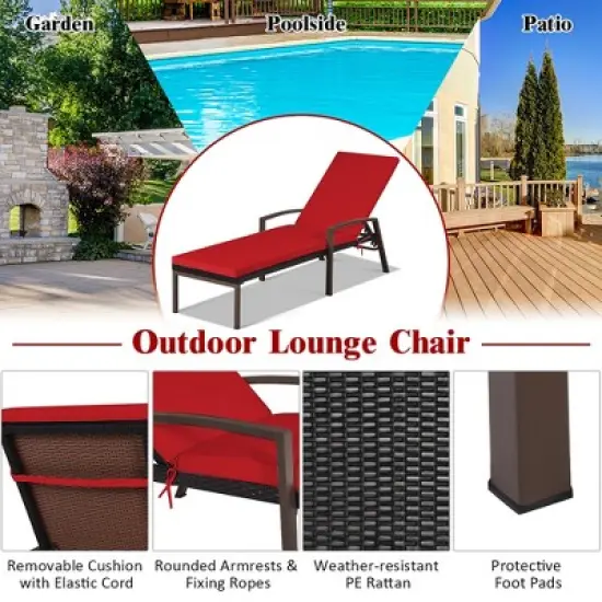 Costway 2PCS Patio Rattan Lounge Chair Chaise Recliner Back Adjustable Cushion image {6}