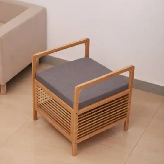 Proman Products Square Cambridge Bamboo Storage Shoe Bench Natural: Upholstered Entryway Bench with Cushion, Modern Style image {5}