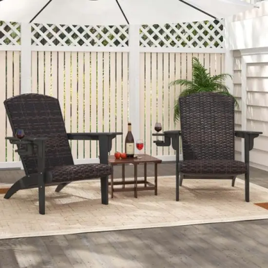 Costway Patio Adirondack Chair with Rattan Padded Seat Wide Armrests & Hidden Cupholder Black/Brown/Gray/White image {3}
