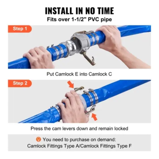 VEVOR Pool Drain Hose, 2 inch by 50 ft, Durable PVC Material, Includes Aluminum Camlock C & E Connectors and Clamps, Blue image {4}