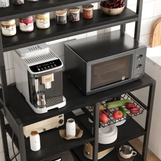 Bakers Rack with Power Outlet, Coffee Bar with Wire Drawer, Microwave Stand, Kitchen Baker Table with Large Storage image {6}