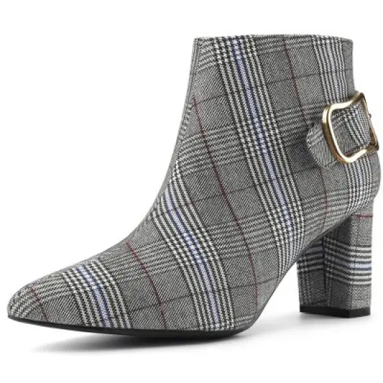 Allegra K Women's Plaid Pointed Toe Chunky Heels Ankle Boots image {11}