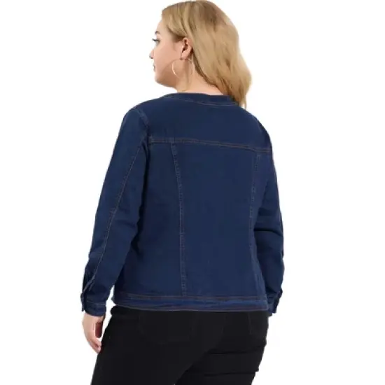 Agnes Orinda Women's Plus Size Jean Jacket Long Sleeves Collarless Denim Jacket image {4}