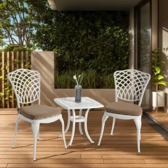 3 Piece Patio Seating Set, Aluminum Patio Accent Chairs Set Of 2 With Umbrella Hole And Cushion,Square Metal Bistro Table Set -Maison Boucle image {8}