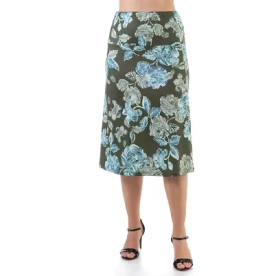 24seven Comfort Apparel Green Floral Elastic Waist Knee Length Skirt image {4}