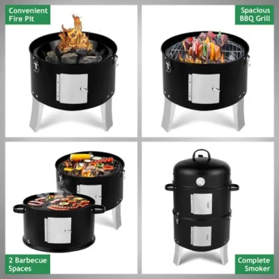 KTMBDW Vertical Steel Charcoal Smoker, Heavy Duty Double Layer Round BBQ Grill for Outdoor Cooking, Black image {9}