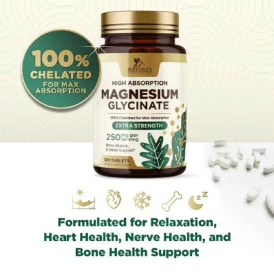 Magnesium (Glycinate) Magnesium Supplement for Heart Health, Nerve, Muscle, Bone & Sleep Support, 100% Chelated - 120 Tablets By Nature's Nutrition image {5}