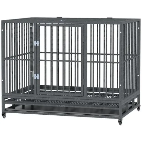 PawHut Heavy Duty Dog Crate Dog cage Kennel with Lockable Wheels, Double Door and Removable Tray, Grey image {3}
