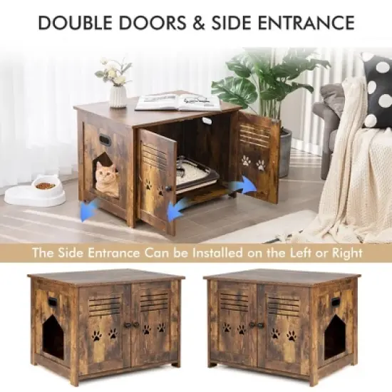 Tangkula Little Cat Box Enclosure Nightstand Cat House w/ Double Doors image {5}