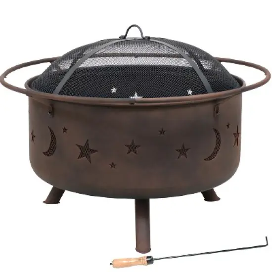 Sunnydaze Outdoor Camping or Backyard Round Cosmic Stars and Moons Fire Pit with Cooking Grill Grate, Spark Screen, and Log Poker - 30" image {5}