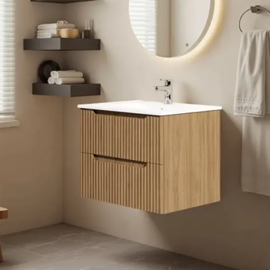 Wooakway 24" Walnut Floating Wall Mount Bathroom Vanity with White Sink image {1}