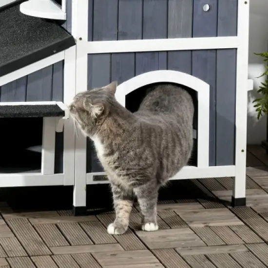 SKYONE Two-Story Outdoor Cat Shelter with Asphalt Roof, Elevated Fir Wood Enclosure, Multiple image {7}