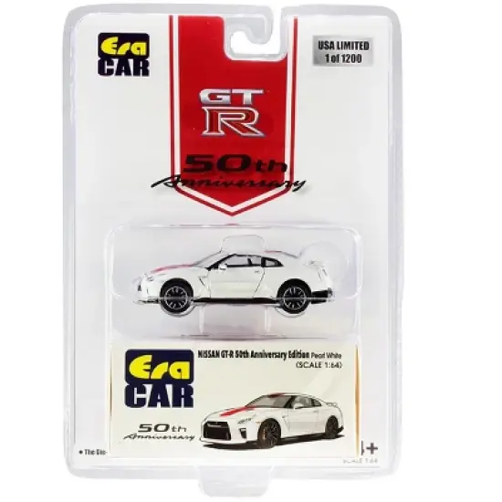 Nissan GT-R (RHD) Pearl White with Red Stripe "50th Anniversary Edition" Ltd Ed 1200 pcs 1/64 Diecast Model Car by Era Car image {2}