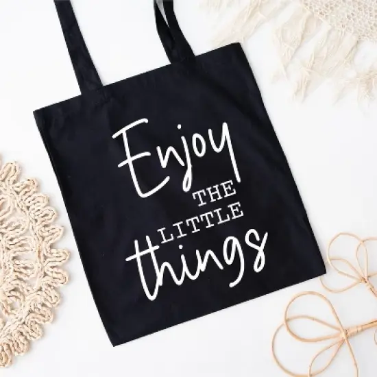 City Creek Prints Enjoy The Little Things Script Canvas Tote Bag - 15x16 - Black image {1}