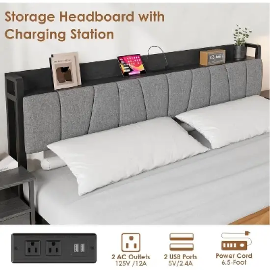 Bed Frame with Storage Headboard, Industrial Platform Bed with 2 Large Drawers and Charging Station, Black No Box Spring Needed Bed frame image {3}