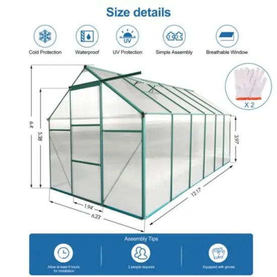 6x12FT Polycarbonate Greenhouse, Heavy Duty Aluminum Walk-in Greenhouses with Sliding Door & Raised Base, Plant Greenhouse for Outdoor Garden Backyard image {2}