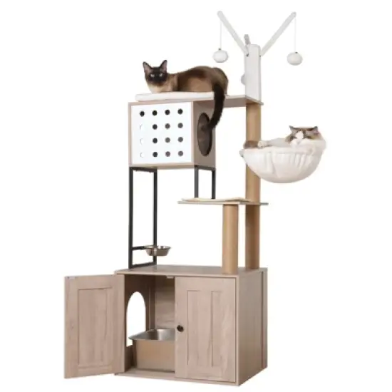 YOOCOZZ Cat Tree with Litter Box Enclosure,Cat Condo with Scratching Posts, Feeding Bowl and Removable Pompom Sticks image {3}