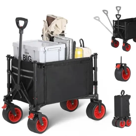 Garvee Foldable Wagon Cart with Big Wheels, Collapsible Utility Cart with Adjustable Handle, Side Pockets and Cup Holder for Shopping, Garden, Black image {10}