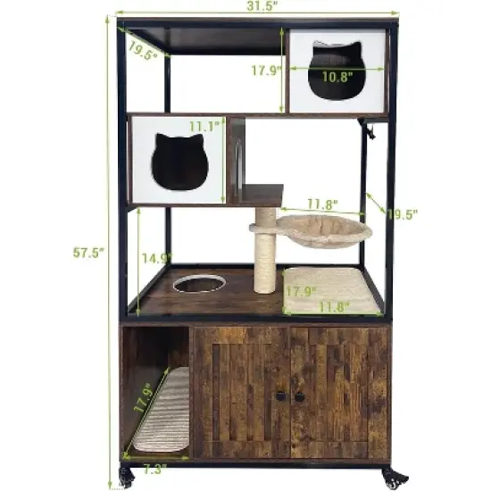 Litter Box Enclosure, Wooden Metal Frame Hidden Cat Washroom On Wheels with Hammock, Cat Tree with Litter Box Furniture, Cabinet image {4}