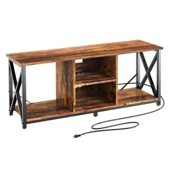 Fabato Wood TV Stand and Entertainment Center with Socket Plug-In Station, Height Adjustable Shelf, and Wire Threading Holes image {6}
