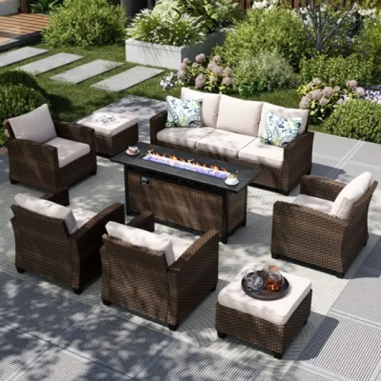Captiva Designs 8pc Outdoor Patio Wicker Rattan Cushioned Fire Pit Set with Ottomans and Single Sofas image {13}