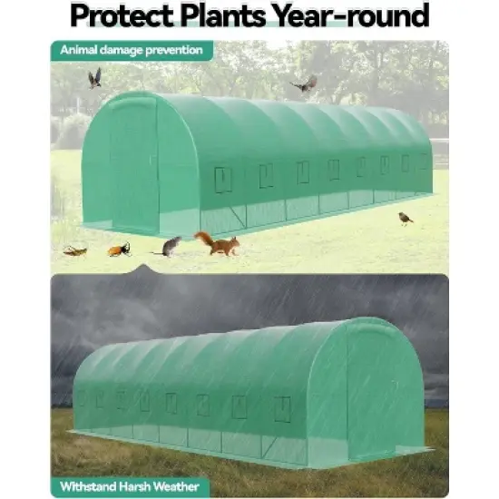 Acekool 27x10x7 FT Outdoor Walk-in Greenhouse with Swing Door, 10 Mesh Windows, Galvanized Steel Frame, PE Cover, Large Tunnel for Garden Patio Yard image {3}