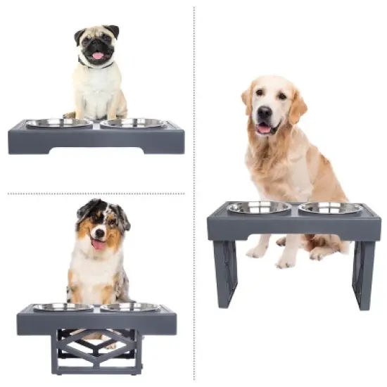 Elevated Dog Bowls Stand - Adjusts to 3 Heights for Small, Medium, and Large Pets - Stainless-Steel Dog Bowls Hold 34oz Each by PETMAKER (Gray) image {3}