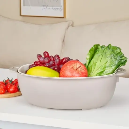 VECELO 2 In 1 Colander Strainer with Bowl Set, Fruit Vegetable Washing Colanders & Food Strainers, Double Layer Colander for Kitchen, Gray image {1}