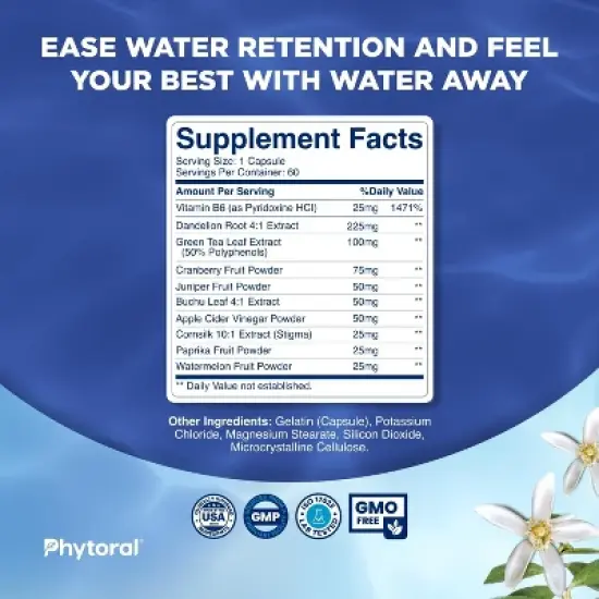 Water Away Capsules, Premium Water Loss Pills Diuretic Pure Dietary Supplement, Phytoral, 60 or 90ct image {5}
