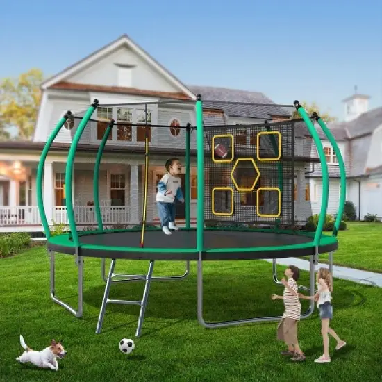 BestParts 14FT Round Trampoline with Ladder, Safety Net & Toss Target Game &ndash; Green Steel Frame image {1}