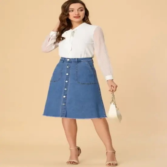 Allegra K Women's Denim Skirts Raw Hem Button Down Midi Jeans Skirt image {1}