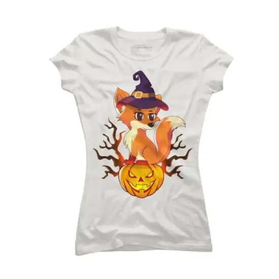 Junior's Design By Humans Cute Witch Fox With Jack O Lantern Halloween Shirt By thebeardstudio T-Shirt image {7}