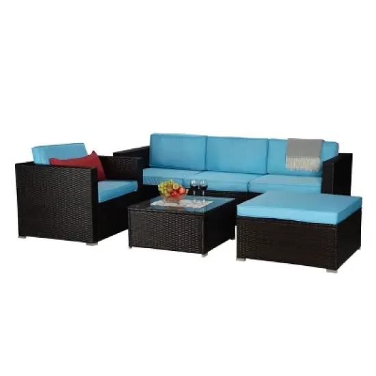6pc Outdoor Rattan Wicker Set with Sofas, Chairs, Coffee Table & Ottoman - Brown/Blue - GODEER image {6}