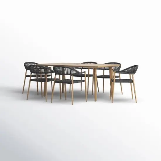 Rectangular Planked Wood Outdoor Dining Set：7-Piece Mesh Weave Chair Patio Furniture image {8}