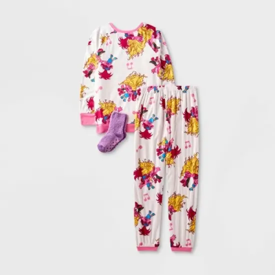 Girls' Trolls Poppy 2pc Pajama Set with Socks - White/Pink/Purple image {1}