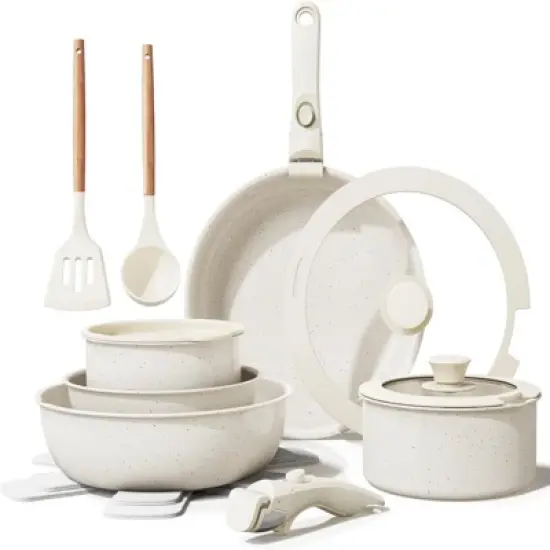 BRINJOY 17-Piece Ceramic Cookware Set - Detachable Handle Non-Toxic Induction RV Kitchen Set, Cream White image {5}